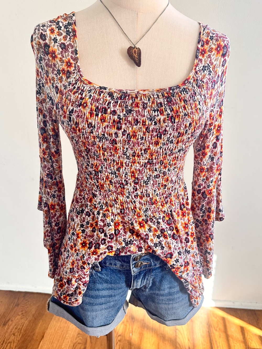 Time and Tru Floral Smocked Peplum Top Small Bell Sleeve Boho Cottagecore